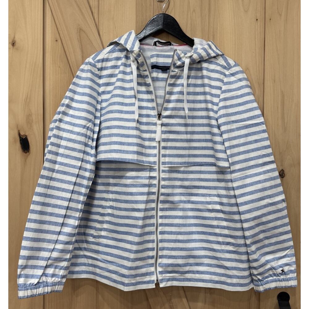 Tommy Hilfiger Light Blue and White Striped Hooded Utility Jacket - Picture 13 of 13